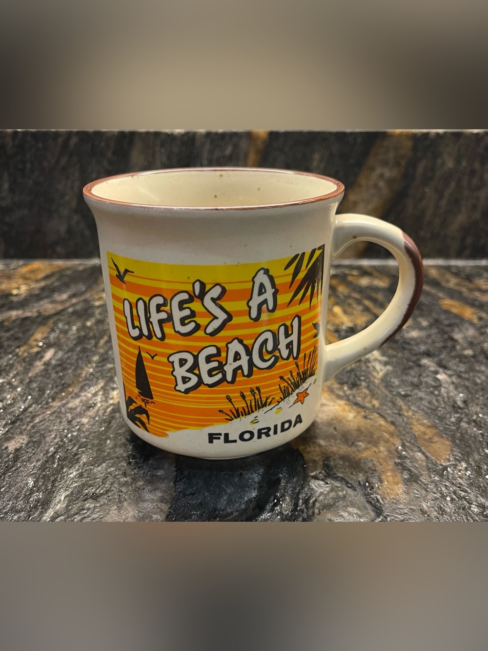 VTG Ceramic 'Life's A Beach' Florida Coffee Mug in White and Yellow